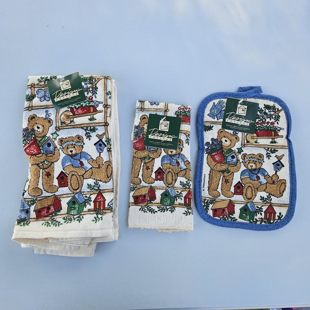 Vtg Country Bear Dish Towel Hand Cloth Pot Holder Set Of 3 NOS Birds Cottagecore